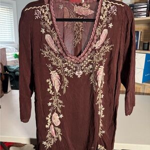 Johnny Was Rangoon Brown Embroidered V-Neck Tunic